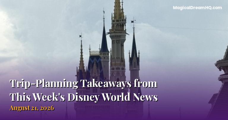 Cinderella Castle spires at Magic Kingdom under a cloudy sky, featured image for This Week at Disney World news roundup, August 21, 2026